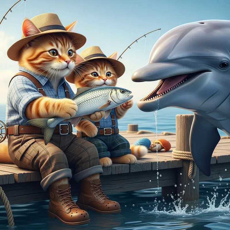 Ginger Scottish Cat and Kitten Feed Dolphin on Sea Dock - Heartwarming Scene