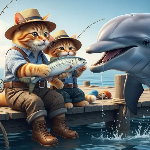 Ginger Scottish Cat & Kitten Feed Dolphin on Sea Dock