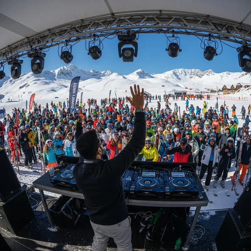 Lively Apres-Ski Party: Energetic DJ & Enthusiastic Crowd | Winter Sports