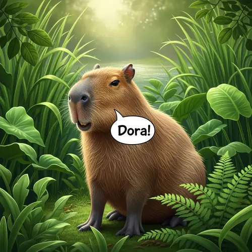 Capybara Saying 'Dora' in a Lush Green Setting