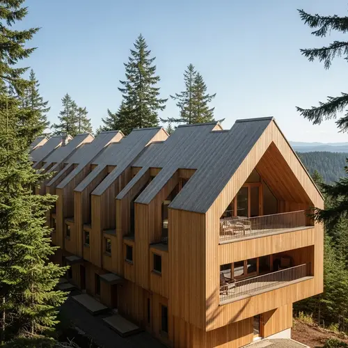 Modern Cedar Wood Hotel Residence with Staggered Gable End