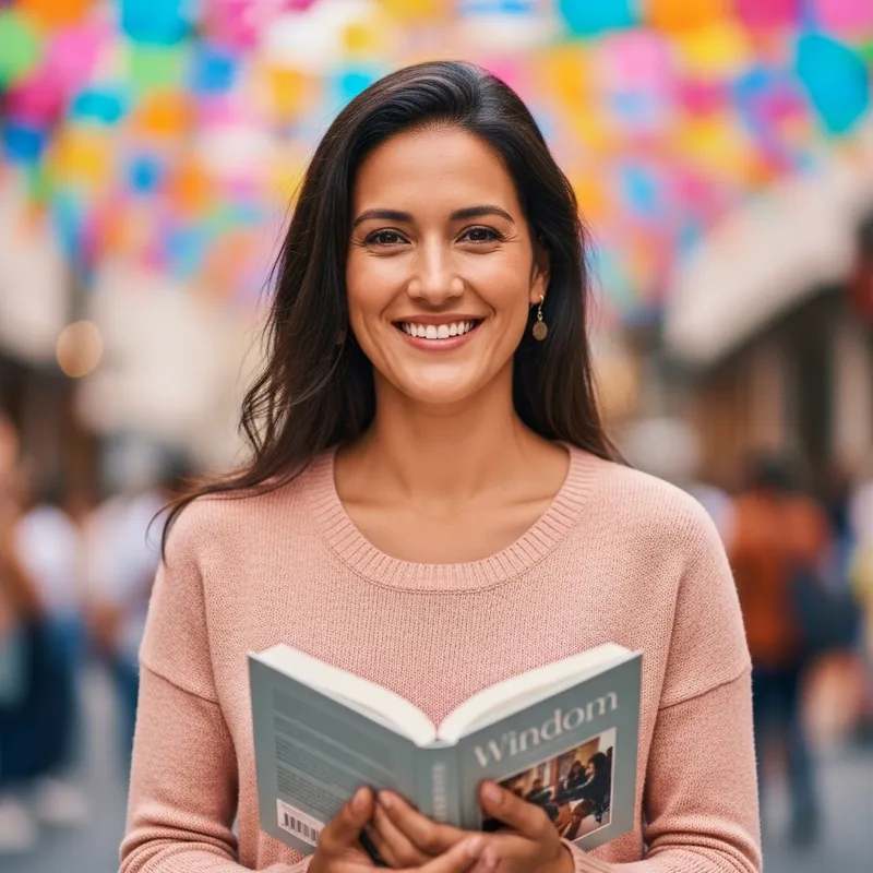 Trustworthy Woman Holding Book with Festive and Joyful Background