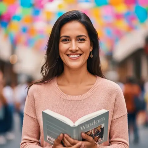 Intelligent Hispanic Woman Holding Book and Smiling | Festive Joyful Atmosphere