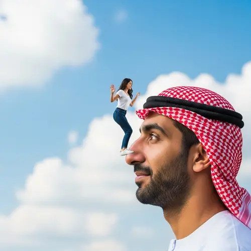Colossal Middle-Eastern Man with a Tiny Hispanic Woman Balancing on His Nose