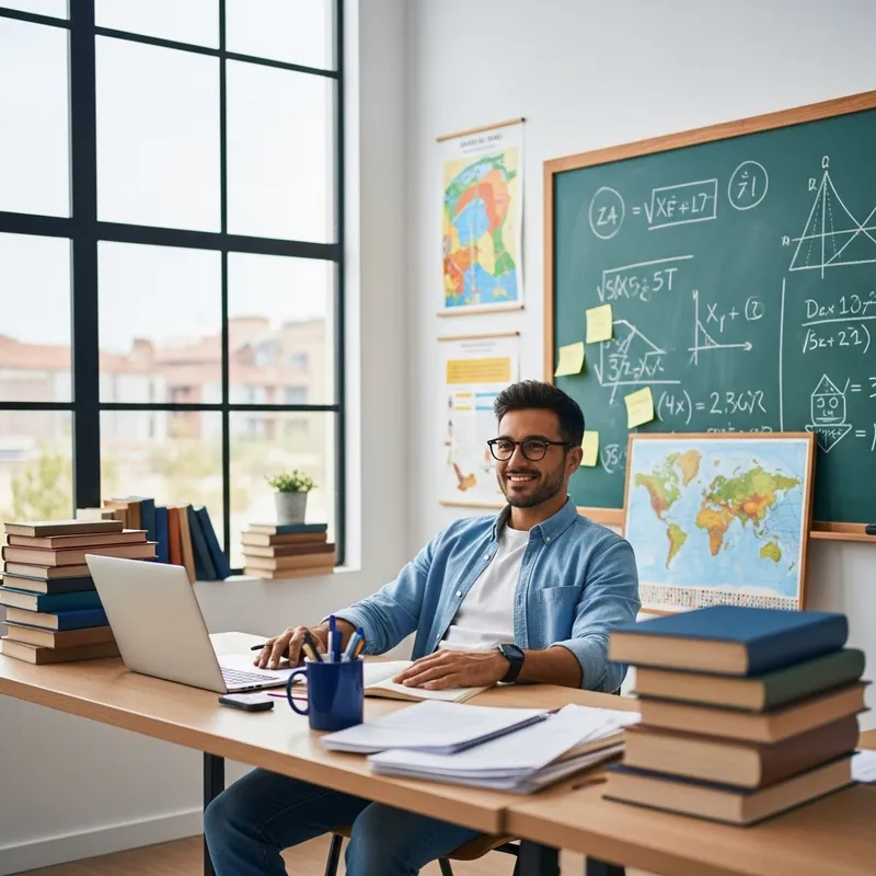Relaxed Male Teacher in School Classroom Setting Relaxed Male Teacher in School Classroom Setting