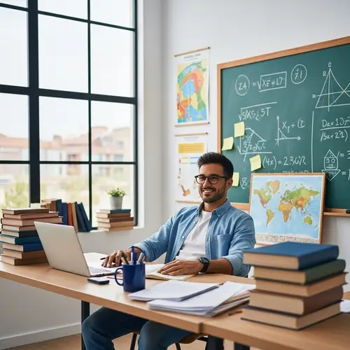 Relaxed Hispanic Male Teacher in School Classroom