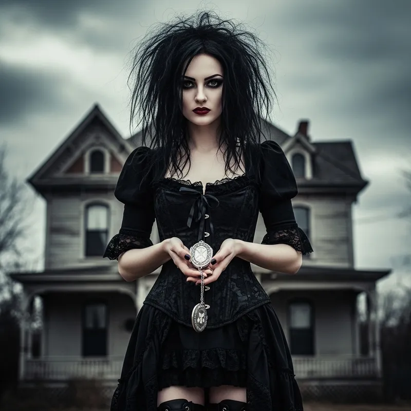Gothic Young Woman in Black Corseted Dress Gothic Young Woman in Black Corseted Dress