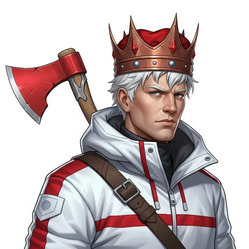 Regal Power: Caucasian Man in Red Crown and Snow Jacket with Axe