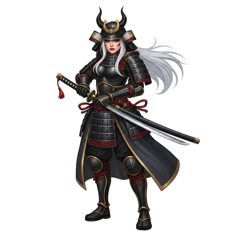 Japanese Samurai Woman with Horns and Katana | Black Armor
