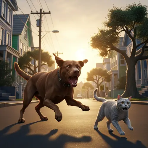 Dynamic Dog Chase in Suburban Sunset Scene