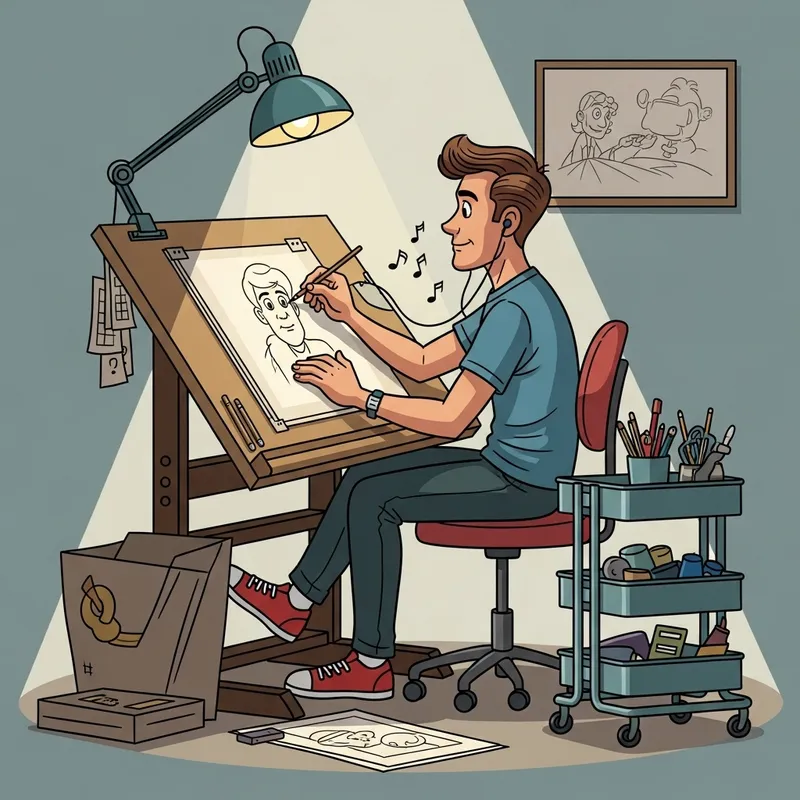 Male Cartoonist Drawing in 1950s Setting with Red Sneakers