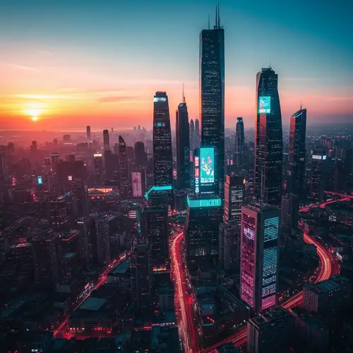 Futuristic Cityscape at Sunset | Cyberpunk Skyline View