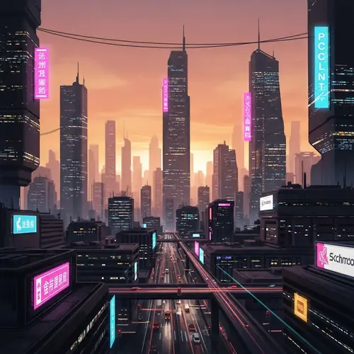 Futuristic Cityscape at Sunset - Cyberpunk Artwork