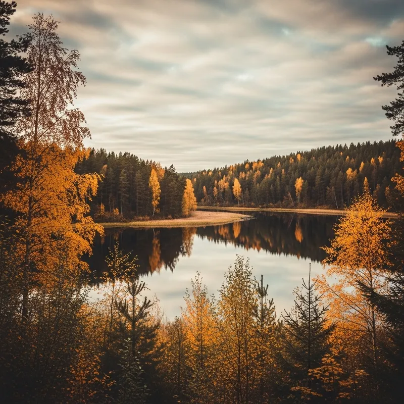 Tranquil Autumn Forest Lake View with Indian Summer Atmosphere