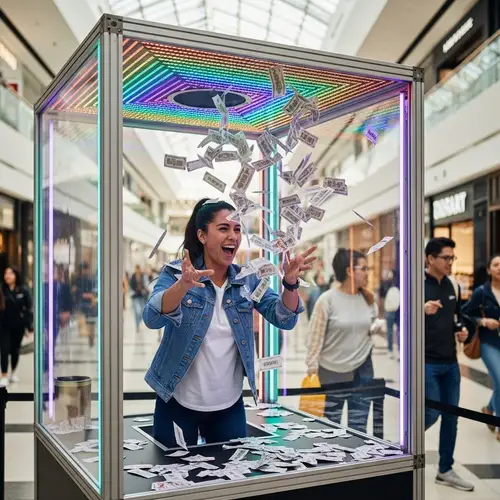 Colorful LED Strip Booth: Tickets Flying, Hispanic Woman Inside