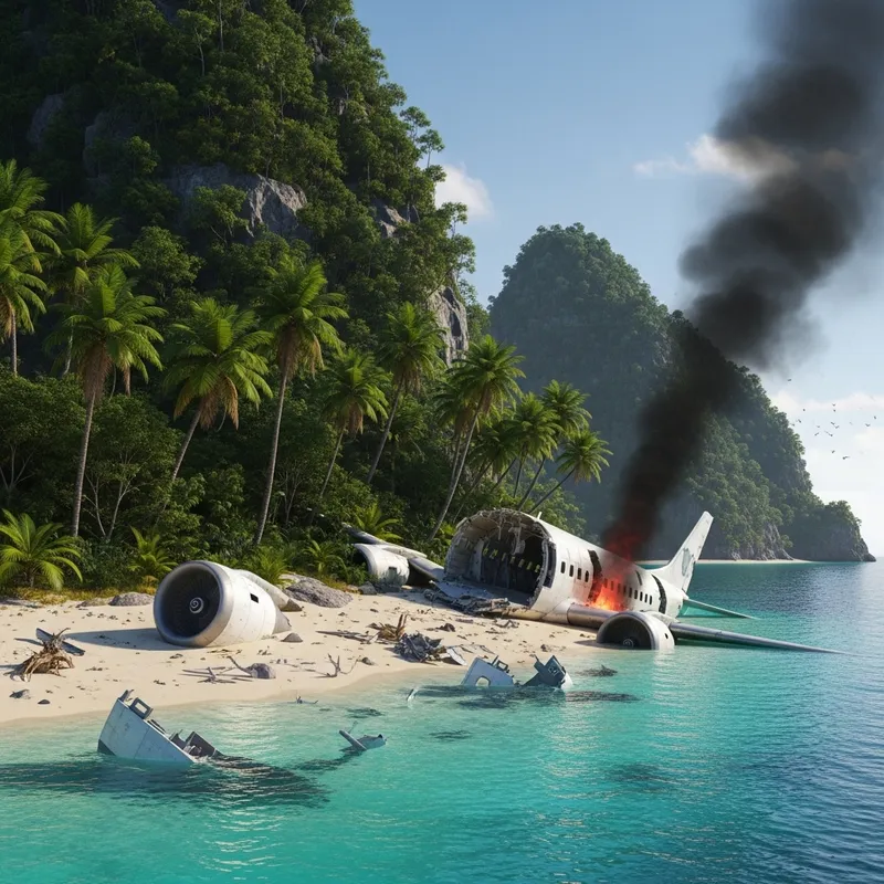Plane Crash on Mysterious Island: A Haunting Scene
