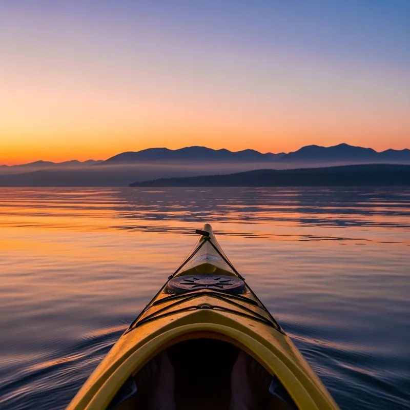 First Person View of Yellow Sea Kayak on Calm Water, Mountain Silhouettes