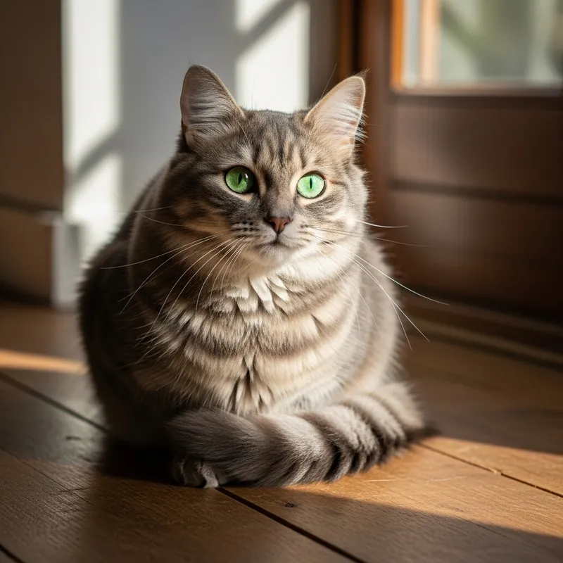 Curious Fluffy Cat with Bright Green Eyes on Wooden Floor