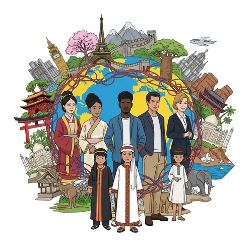 Global Citizenship Illustration with Diverse Individuals and Cultural Symbols