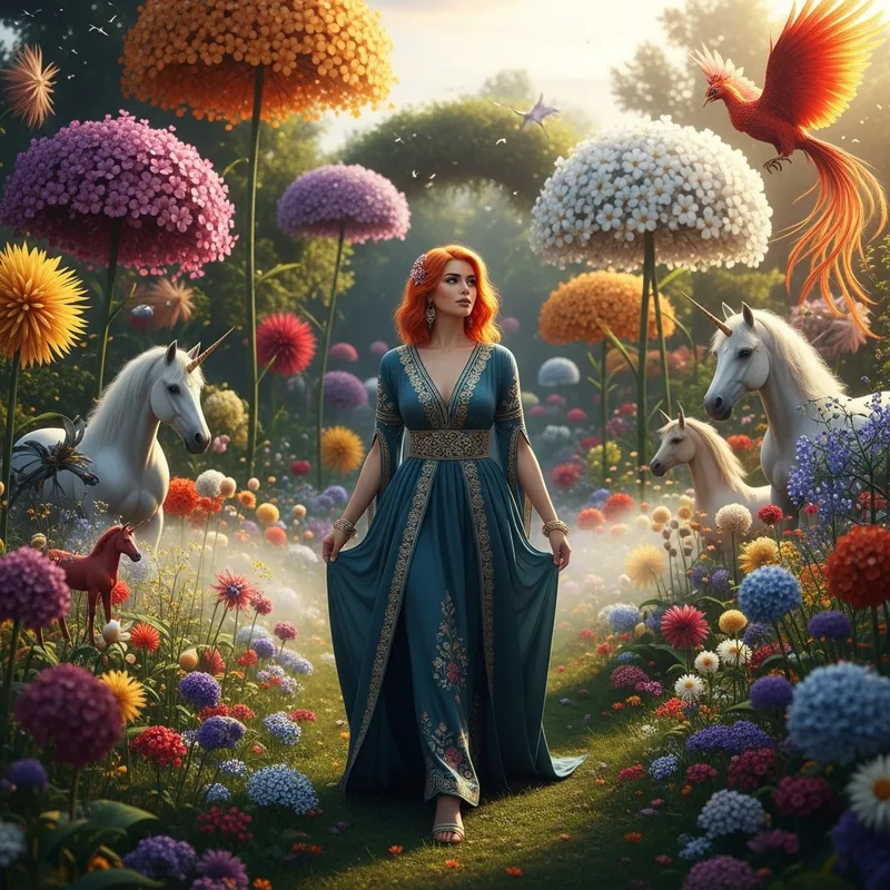 Beautiful Lady with Orange Hair in Enchanted Blooming Garden