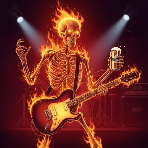 Energetic Rock Concert Skeleton in Flames with Guitar and Beer