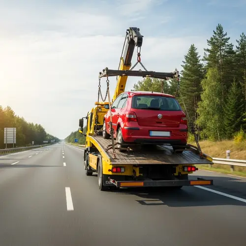 Tow Truck Transporting Car on Highway - Fast Service