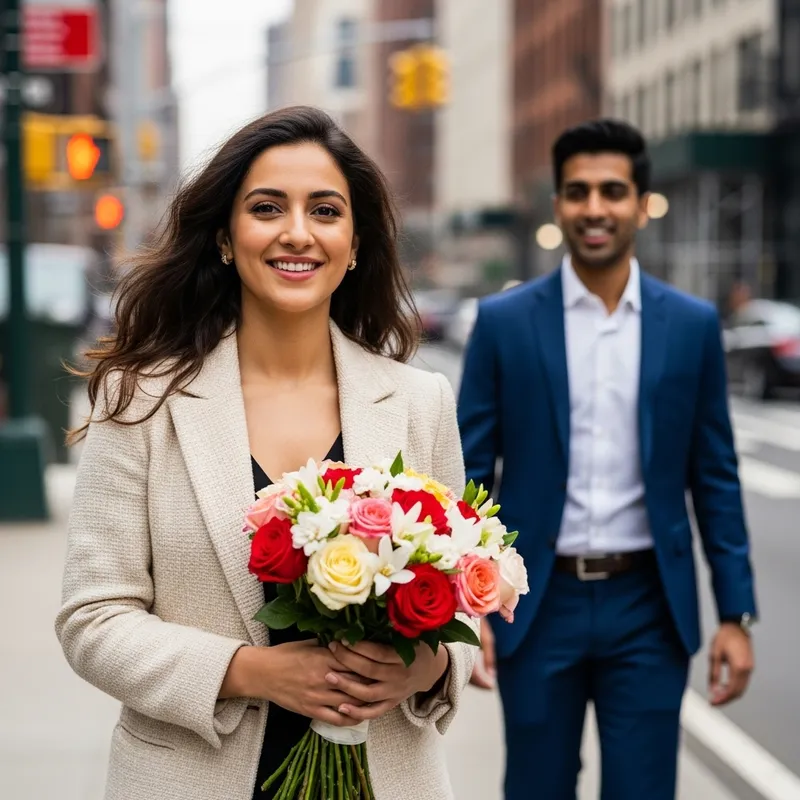 Spring in New York: Vibrant Woman with Bouquet in Urban Setting