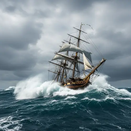 Dramatic Wooden Sailing Ship Battling Stormy Seas