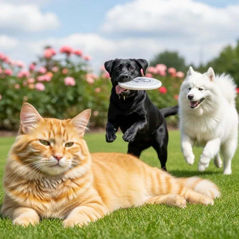 Ginger Cat and Dogs Enjoying Tranquil Outdoor Scene