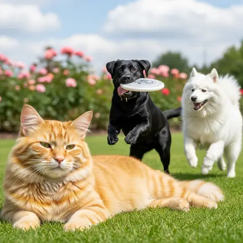 Tranquil Outdoor Scene with Ginger Cat and Playful Dogs