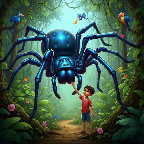 Gigantic Sapphire Spider Interacting with South Asian Boy in Rainforest
