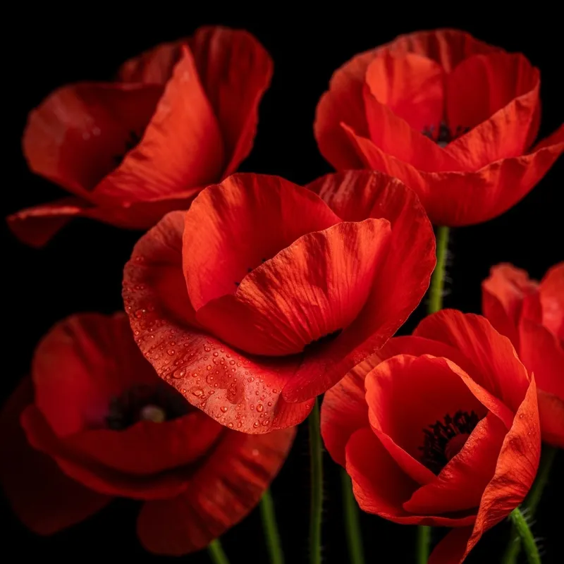 Vivid Red Flowers Against Black Background