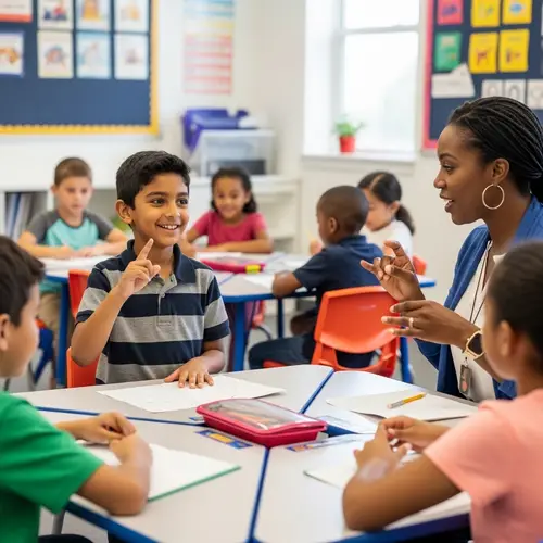 Inclusive Elementary School Classroom with Deaf Student