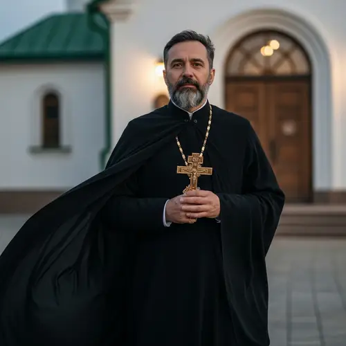 Middle-Aged Orthodox Priest | Black Cassock & Cross Symbol