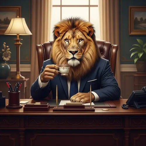 Majestic Lion Boss in Business Suit at Grand Oak Desk