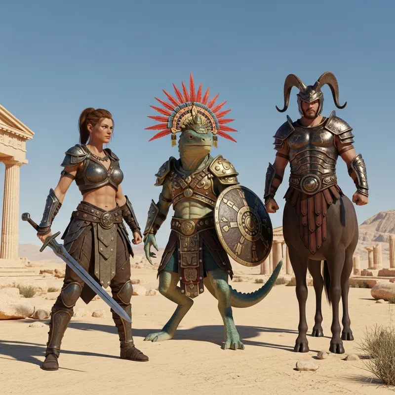 Epic Fantasy Battle: Female Conan, Lizardman, and Centaur in Ancient Desert Ruins Epic Fantasy Battle: Female Conan, Lizardman, and Centaur in Ancient Desert Ruins