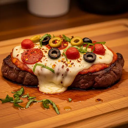 Succulent Steak with Pizza Toppings on Wooden Board