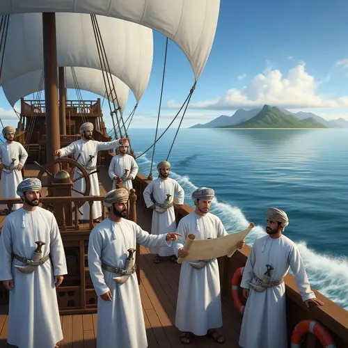 Diverse Old Warship Crew in Omani Attire Sets Sail to Island