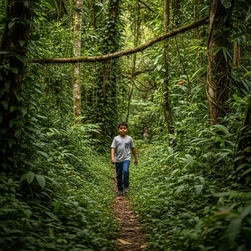 Boy Walking Through Lush Jungle Wilderness