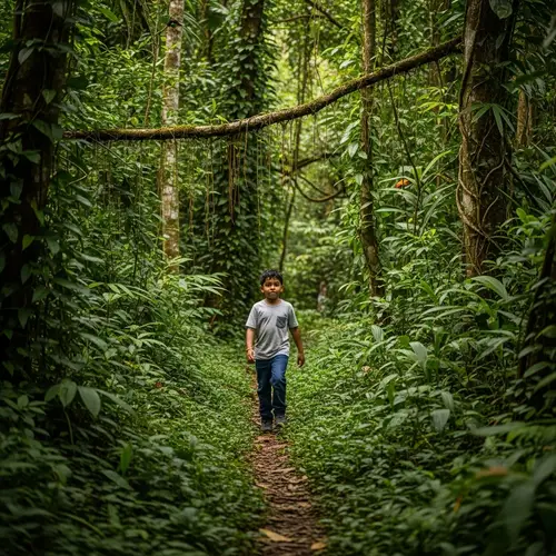 Young South Asian Boy Navigating Dense Tropical Jungle
