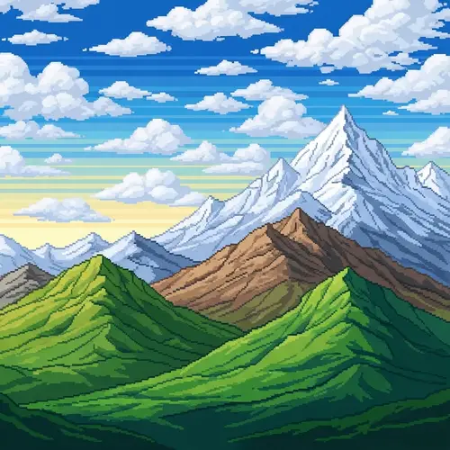 Vibrant Pixel Art Landscape with Majestic Mountains and Sky