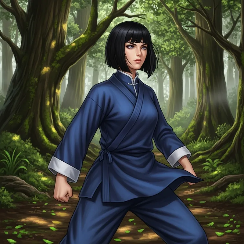 Jet-Black Haired Female Martial Artist in Serene Forest