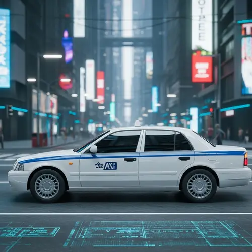 Sleek White and Blue Taxi Cab in Cybernetic City
