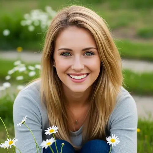 Beautiful Blonde Woman with Green Eyes and Joyful Smile