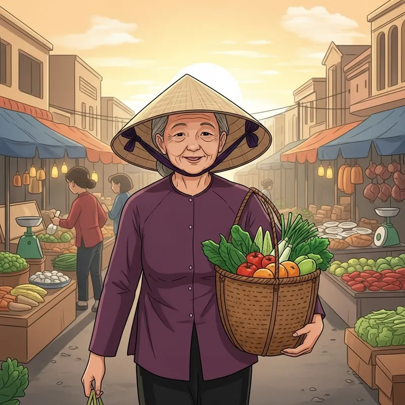 Elderly Vietnamese Woman Shopping Illustration - Tranhs-ba-nam-di-mua-sam