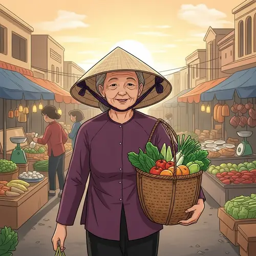 Elderly Vietnamese Woman Shopping Illustration