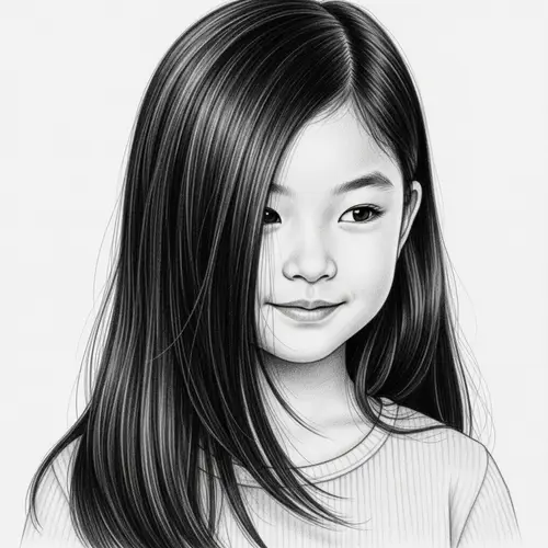 Detailed Pencil Drawing of Young Asian Girl with Long Black Hair