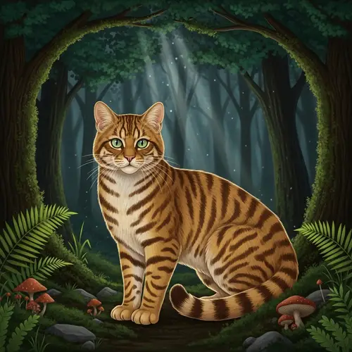 Golden Cat in Dark Forest Illustration - Enchanting Feline Artwork