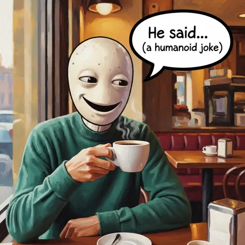 Whimsical Cafe Scene: Playful humanoid with coffee in vibrant setting