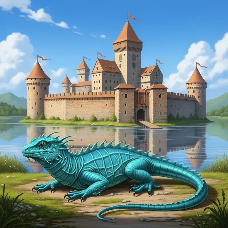 Majestic Castle on Tranquil Lake with Basilisk Guardian